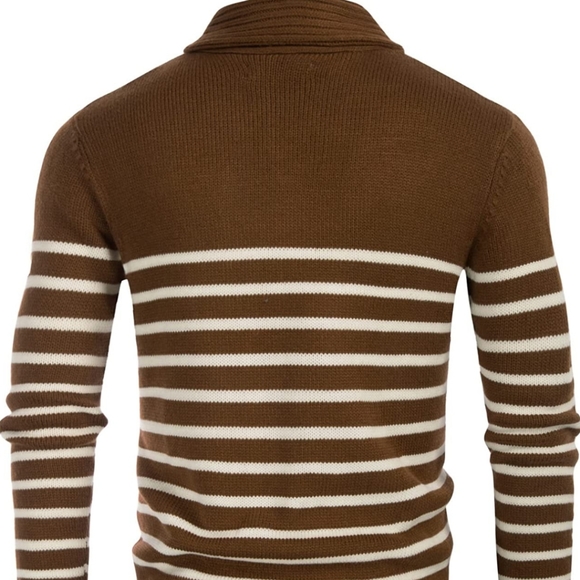 Men's Shawl Collar Sweater Cable Knitted Striped Slim Fit Pullover Sweaters - Picture 2 of 8